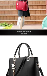 Detail view of stylish women's handbag with tassel pendant in red and black colors