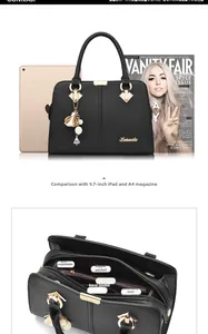 Internal structure of black litchi pattern handbag showing multi-zipper compartments