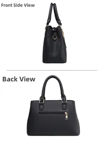 Detailed views of black embroidered handbag showing side profile and rear zipper pocket