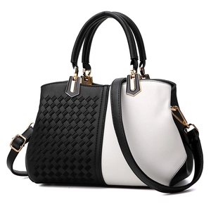 Women PU Leather Woven Patchwork Handbag Large Capacity Shoulder Bag With Golden Hardware Adjustable Strap Elegant