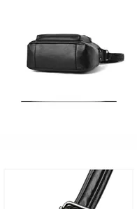 Close-up detail of smooth black leather bag bottom and metallic strap buckle adjustment