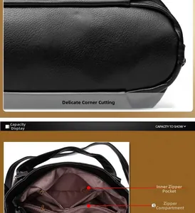 Detail view of lychee pattern leather texture and multiple interior zipper compartments