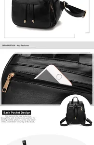 Detail of anti-theft back pocket on black faux leather backpack for women with gold zippers