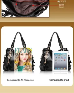 Detail of black leather tote bag showing internal pockets compared with A4 magazine and iPad