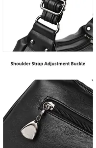 Detail of adjustable silver buckle and triangle zip puller on black lychee leather bag