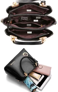 Detail of black faux leather bucket bag showing organized multi-compartment interior