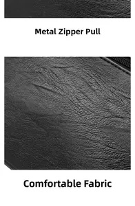 Close-up of black textured leather fabric and high-quality metal zipper details on the bag