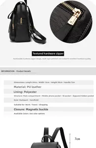 Detailed view of black PU leather backpack showing size 24x13x30cm and magnetic buckle closure