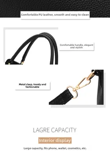 Detail of black litchi pattern PU leather texture and gold metal lobster clasp on handbag