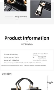 Detailed size chart and material specs of the large black patent leather handbag