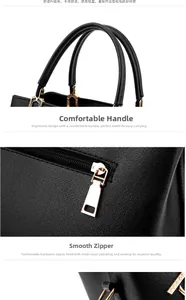 Detail of smooth metal zipper and ergonomic top handle on black leather handbag