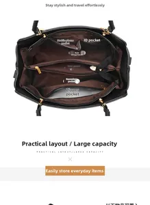 Detailed overhead shot showing organized interior compartments of the black handbag