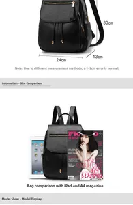 Detail view of black faux leather backpack with size dimensions 24x30x13 cm