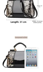 Detailed size comparison of the glossy patent leather handbag with a tablet device