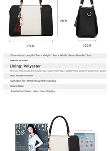 Detailed dimension guide for black and white PU leather handbag with cat charm and chain