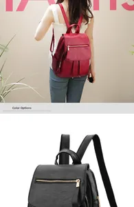 Close-up comparison of women's soft leather backpack in red and black color options