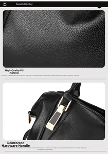 Detail of soft black PU leather texture and reinforced golden hardware on women's handbag