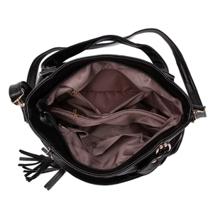 Large capacity black pebble leather tote bag with gold hardware and multiple interior pockets