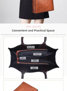 Top view of brown retro tote bag showing internal compartments and organized storage space