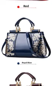 Detail of royal blue patent leather handbag with gold sequin floral embroidery