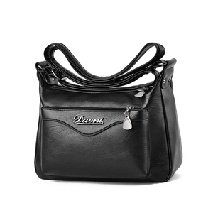 Middle-aged women's black PU leather shoulder bag with lychee texture and silver logo