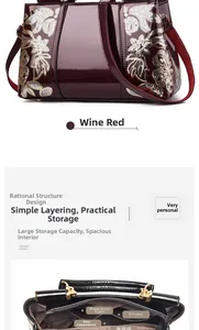 Detail showing inner multi-layer compartment and wine red patent leather floral bag