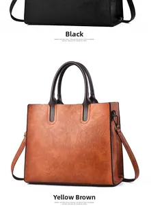 Detail view of leather tote bags in black and tan with textured grain and straps