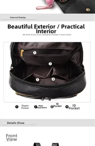 Internal layout of women's black leather backpack with multiple functional compartments