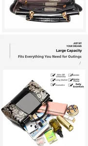 Interior detail of large patent leather handbag with multi-pocket storage capacity