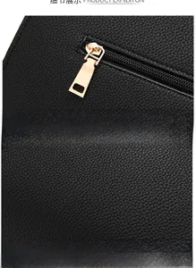 Close-up of premium black lychee pattern PU leather with elegant gold metal zipper detail
