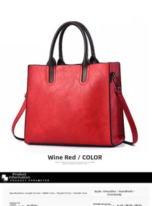 Detailed view of burgundy PU leather tote bag showing 32.5x13x27.5CM dimensions and straps
