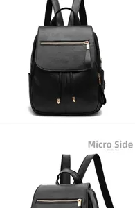 Front and side view of black textured leather backpack with gold zippers and drawstring