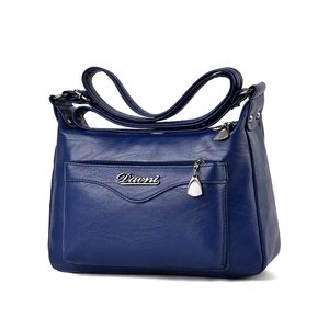 Blue textured leather crossbody bag for middle-aged women with multiple pockets