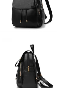 Detailed side and front view of black soft leather backpack with gold zippers and flap