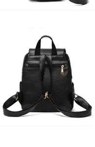 Detail view of black PU leather backpack back with anti-theft zipper and golden hardware