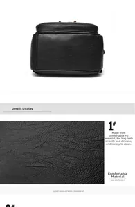 Close-up macro detail of soft black PU leather texture and base view of women's backpack