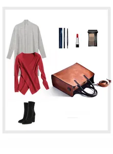 Flat lay of vintage brown leather tote bag styled with knitwear and beauty essentials