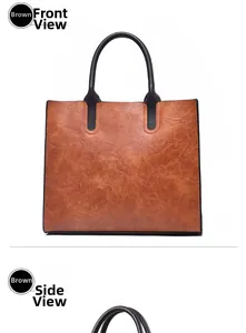 Detailed front and side views of a large brown faux leather tote bag with lychee texture