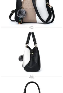Detailed side view of tricolor faux crocodile leather handbag with plush charm accessory