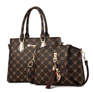 Women Tote And Crossbody Shoulder Bag PU Leather Large Capacity Retro Monogram Print With Cat Tassel Charm Elegant