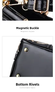 Detail of glossy black patent leather bag with gold hardware clasp and bottom rivets