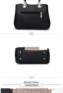 Detail view of leather handbag featuring back zipper pocket and tri-color stitched base