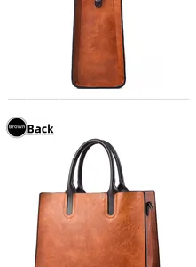 Detailed back and side view of brown leather tote bag showing rich lychee grain texture