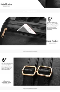 Detail of black pebbled leather backpack with anti-theft zipper and adjustable metal buckle