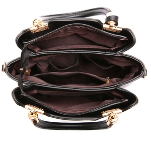 Black leather bucket handbag with large capacity and triple interior compartments