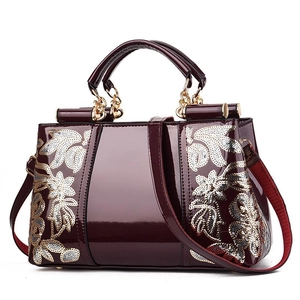 Women Elegant Handbag Patent PU Leather Sequin Floral Embroidery Top Handle Crossbody Shoulder Bag Retro Luxury Style