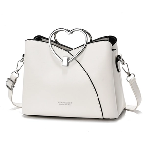 White PU leather handbag with silver heart handle and detachable strap for women