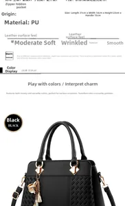Detail view of black woven PU leather handbag with gold buckle and size measurements