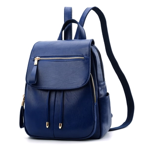 Dark blue synthetic leather backpack for women with lychee texture and gold zippers