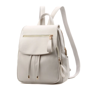 Minimalist cream-white faux leather backpack with drawstring closure and gold zipper